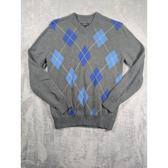 Club Room Sweater Womens Size Small Gray V Neck Argyle Professor Academia Mature - Picture 1 of 6